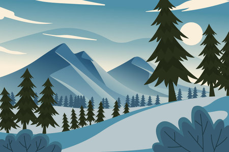 Winter landscape with mountains and coniferous forest. Vector illustration.の写真素材