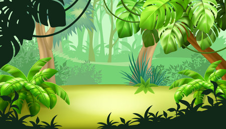 Tropical jungle background with trees and grass. Vector illustration.の写真素材