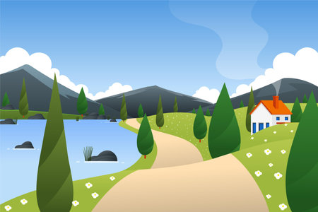 Vector illustration of a beautiful landscape with a house and a lake.の写真素材