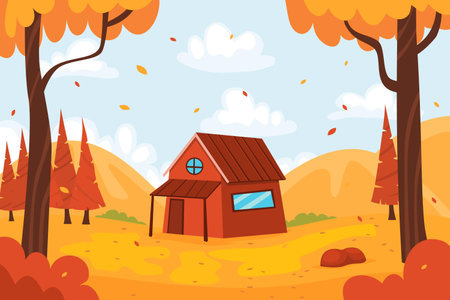 Autumn landscape with house and trees. Vector illustration in cartoon styleの写真素材