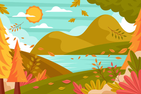 Autumn landscape with river, mountains and colorful leaves. Vector illustrationの写真素材