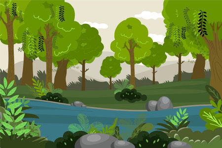 Forest landscape with river, trees and bushes. Cartoon vector illustration.の写真素材