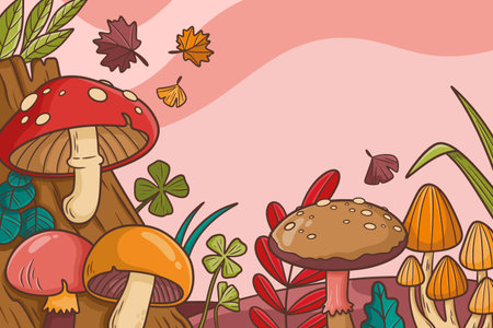 Autumn background with mushrooms and leaves. Vector illustration in cartoon style.の写真素材