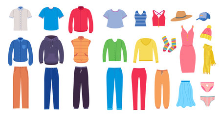 Set of clothes, accessories for man and woman. Vector illustrations of garments from wardrobe. Cartoon pants jeans shirt dress isolated on white. Accessory, clothing in casual fashion style conceptの写真素材