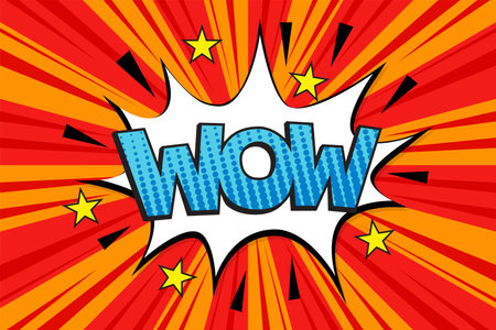 Lettering Wow. Comics book abstract background. Comic text sound effects. Vector comic thunder icon speech phrase, Boom illustration.の写真素材