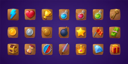 Set of game icons or buttons. Cartoon 3d ui shield, sword, flash and heart, golden cup, magic potion flasks, gold key and treasure chest. Flag, gift box, bomb and money bills, hourglass and brilliantの写真素材