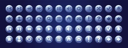 Web buttons, circle glass icons for game user interface design. Vector cartoon set of blue ui elements, glossy buttons with symbols of sound, search, arrows, mail, home, cross and check marksの写真素材