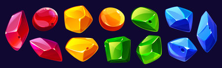 Crystal gems, jewel rocks and mineral stones. isolated natural colorful gemstones, glass, jewelry or geology magic items, game assets purple, red, green, yellow and blue Cartoon vector rocks setの写真素材