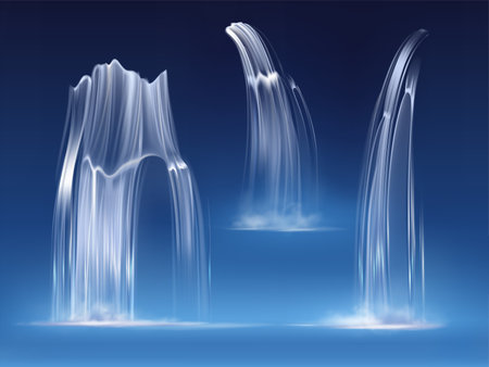 Waterfall cascade, realistic water fall streams set of pure liquid with fog of different shapes isolated on blue background. River, fountain element for design, nature Realistic 3d vector illustrationの写真素材