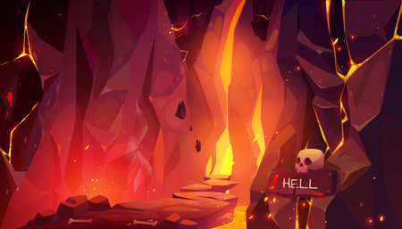 Infernal hot cave with lava and burning fire, path paved with rocks and randomly lying bones going...