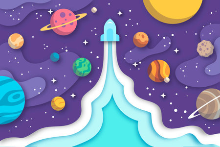 Space background with rocket and planets in paper art style. Vector illustration.の写真素材