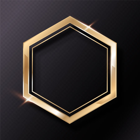 Gold shiny hexagon frame on black background. Vector illustration for your designの写真素材