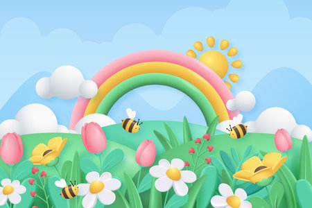 Spring background with flowers, rainbow and flying bees. Vector illustration.の写真素材