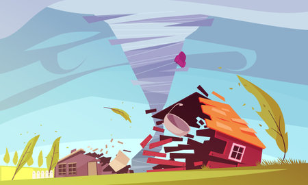 Natural disasters outdoor composition with living house on storm flat images of sky and environment vector illustrationの写真素材