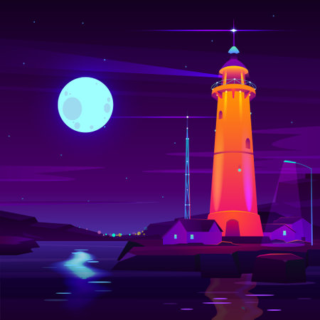 Lighthouse working, glowing at night on seashore cartoon vector. Village cottage houses on coast, radio or fire tower, starry sky and fool moon reflection in water illustration in bright neon colorsの写真素材
