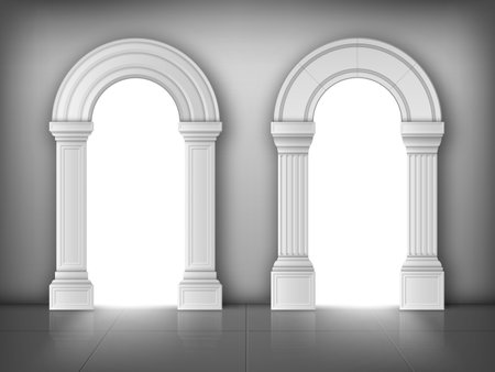 Arches with columns in wall, interior gates with white pillars in palace or castle, archway frames, portal entrance, antique doorway with sun light going from outside. Realistic 3d vector illustrationの写真素材