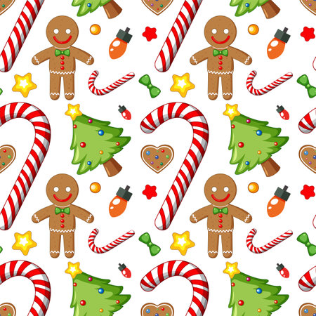 Seamless holiday design with candy canes and gingerbread men