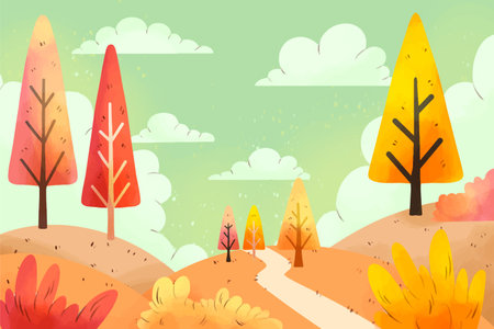 Autumn Landscape with Trees and Road. Vector Illustration.の写真素材