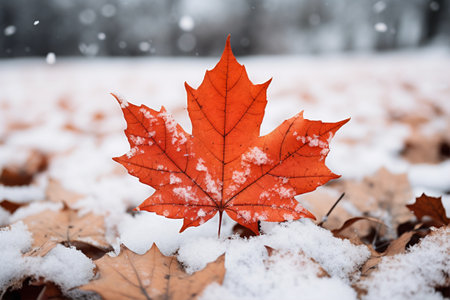 Autumn maple leaf covered with snow on a background of the winter forestの写真素材
