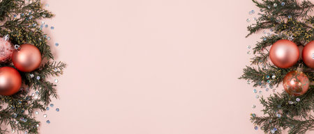 Christmas and New Year holiday background. Festive decoration on pink background.の写真素材