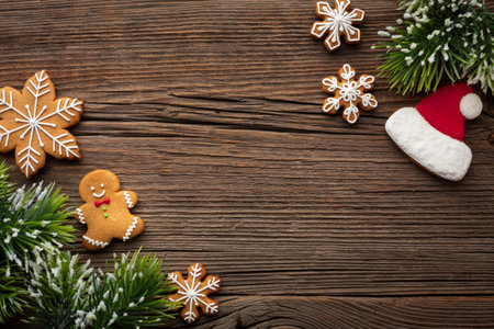Christmas gingerbread cookies on wooden background. Top view with copy space