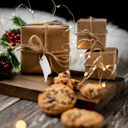 Christmas gifts and cookies on a wooden background. Christmas and New Year concept.の写真素材