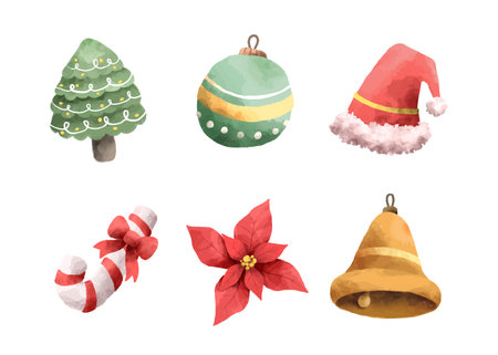 Watercolor Christmas set. Vector illustration. Isolated objects on white background.の写真素材