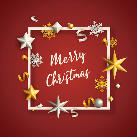 Merry Christmas banner in frame with stars on red ground. Lettering can be used for invitations, post cards, announcementsの写真素材