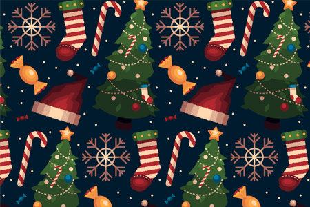 Seamless pattern with Christmas tree, candy canes, Santa Claus hat and snowflakes on dark blue backgroundの写真素材