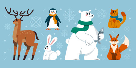 Vector illustration of cute cartoon animals in flat style. Bear, penguin, deer, fox, penguin, squirrel, penguin, hare, penguin, snowflakeの写真素材