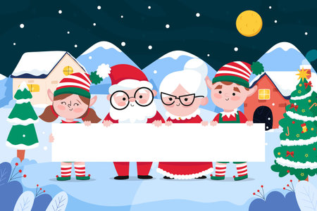 Santa Claus and elves with blank board in the village vector illustration.の写真素材