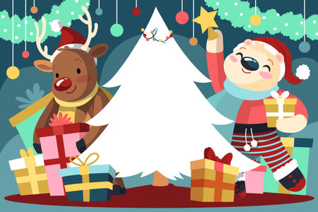 Christmas card with Santa Claus and reindeer. Vector illustration.の写真素材