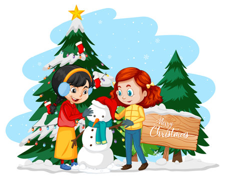 Christmas season with two girl building a snowman together illustrationの写真素材
