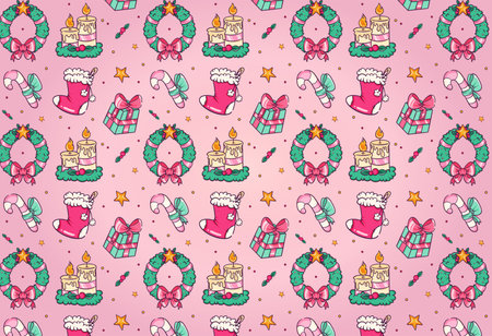 Seamless pattern with Christmas elements on pink background. Vector illustration.