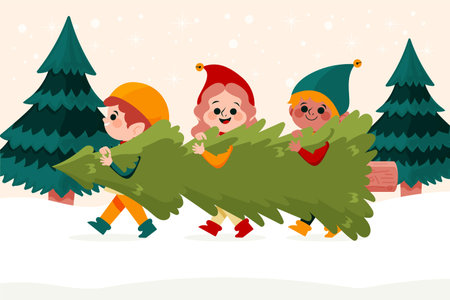 Christmas kids holding a big tree. Vector illustration in flat style.の写真素材