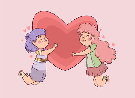Cute cartoon girl and boy holding big red heart. Vector illustrationの写真素材