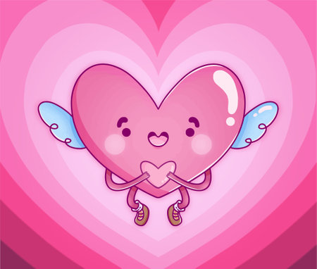 Cute heart with wings on a pink background. Vector illustration.の写真素材