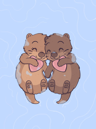 Illustration of cute cartoon bears hugging each other on a blue backgroundの写真素材