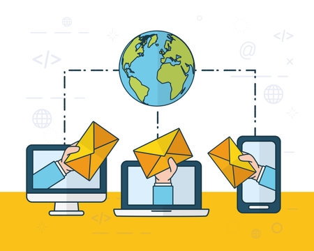laptop computer smartphone connection world send email vector illustrationの写真素材