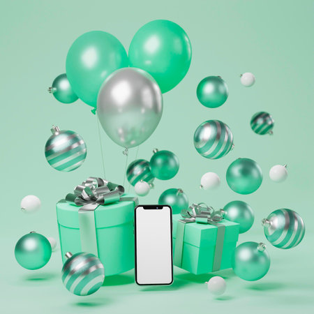 Green gift boxes with silver ribbons and balloons on green background. 3D renderingの写真素材