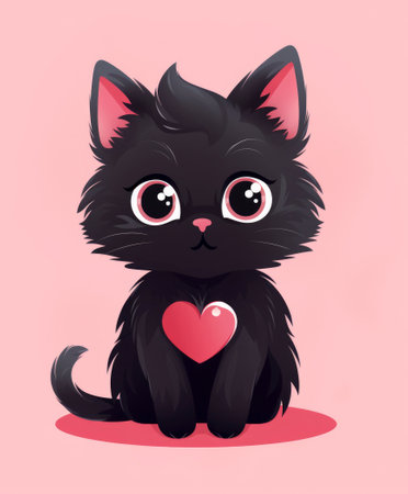 Cute black kitten with big eyes and red heart. Vector illustration.の写真素材