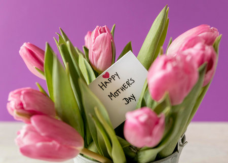 Bouquet of pink tulips with card with text Happy Mother's Dayの写真素材