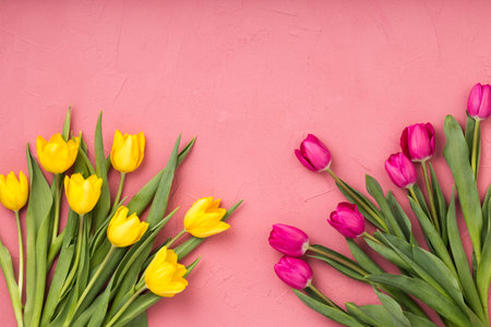 Bouquet of tulips on pink background. Top view with copy spaceの写真素材