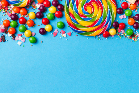Tasty appetizing Party Accessories Happy Birthday Sweet Treat Swirl Candy Lollypop Colorful Letters on Bright Background Top View Fashion Conceptual Holiday Flat Layの写真素材