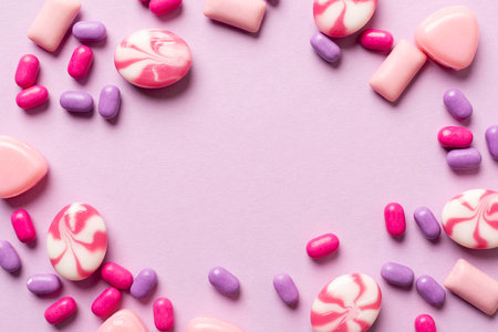 Colorful candies on pink background. Top view, copy spaceの写真素材