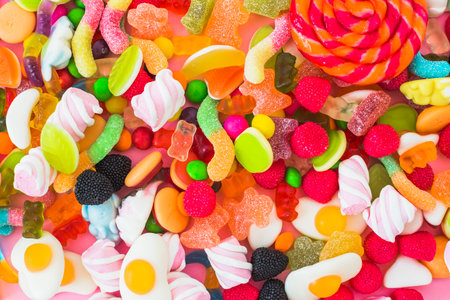 Assorted colorful candies. Top view. Jelly  sweets background.の写真素材
