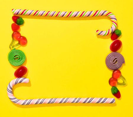 Frame made of colorful candies and lollipops on yellow backgroundの写真素材