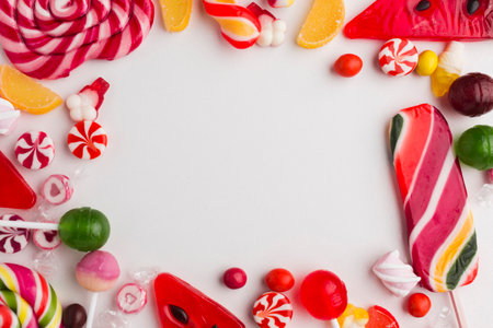 Colorful candies on white background. Top view with copy spaceの写真素材