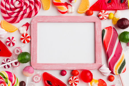 Colorful candies and frame on white background. Top view.の写真素材
