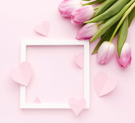 Bouquet of pink tulips and white frame with hearts on a pink background. Flat lay, top viewの写真素材